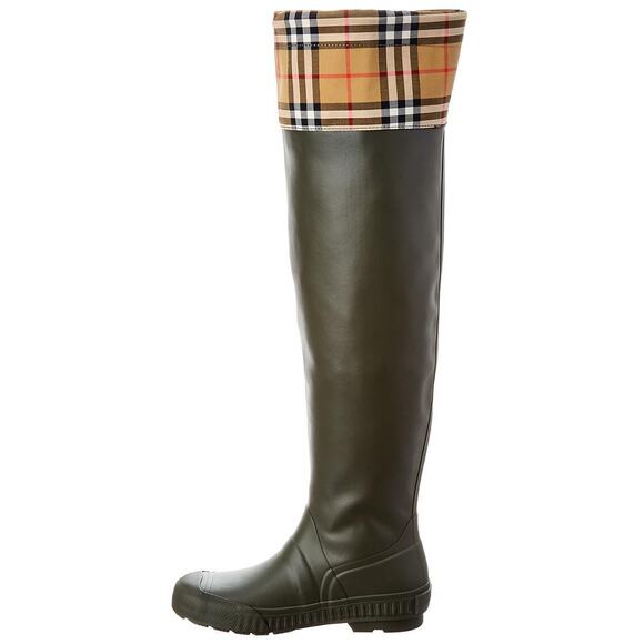 Burberry Tall Rain Boots Olive Plaid Check - Picture 3 of 11